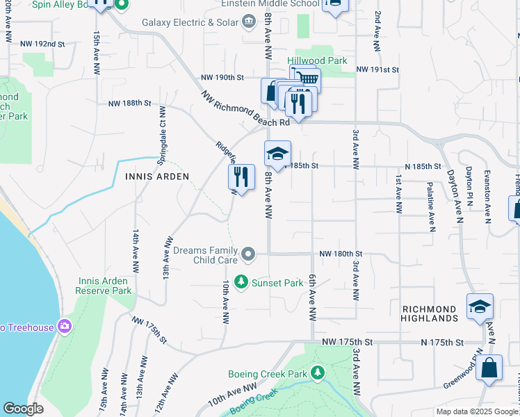 map of restaurants, bars, coffee shops, grocery stores, and more near 18301 8th Avenue Northwest in Shoreline