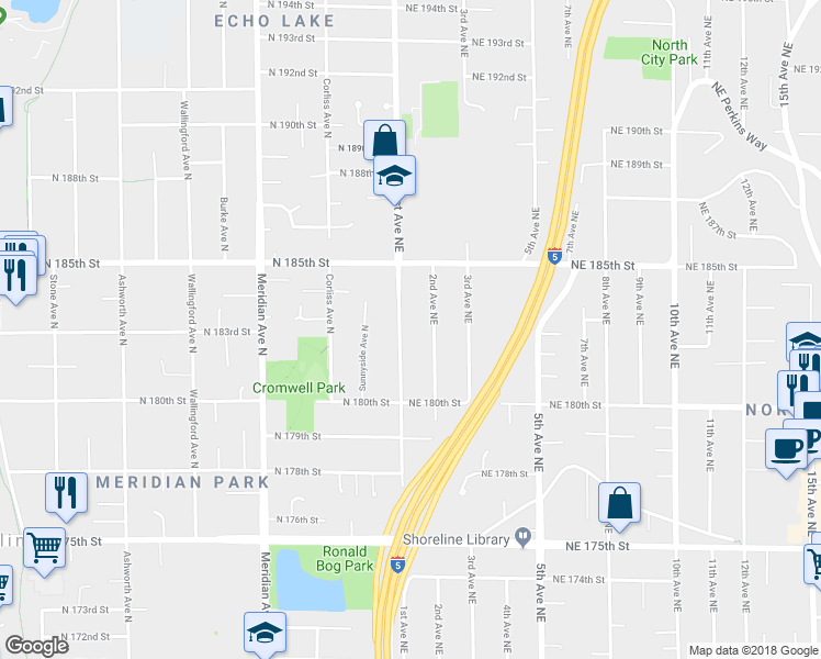 map of restaurants, bars, coffee shops, grocery stores, and more near 18304 1st Avenue Northeast in Shoreline