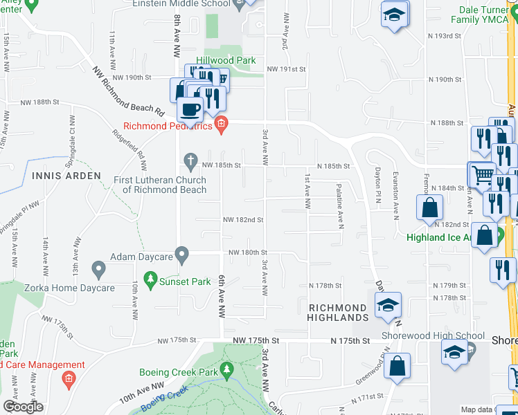 map of restaurants, bars, coffee shops, grocery stores, and more near 18215 3rd Avenue Northwest in Seattle