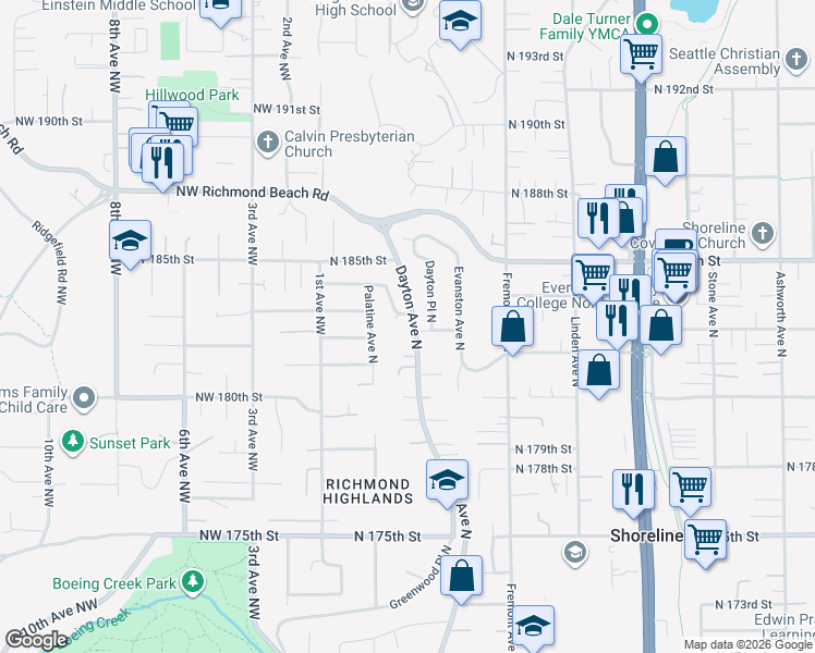 map of restaurants, bars, coffee shops, grocery stores, and more near 405 North 182nd Court in Shoreline