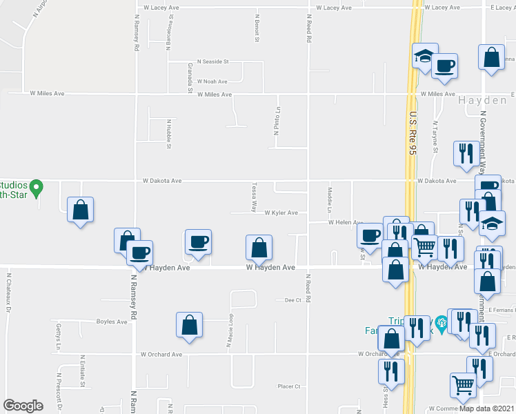 map of restaurants, bars, coffee shops, grocery stores, and more near 1033 West Kyler Avenue in Hayden