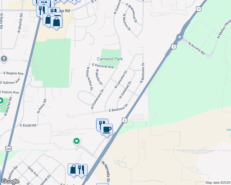 map of restaurants, bars, coffee shops, grocery stores, and more near 11420 North Lancelot Drive in Spokane