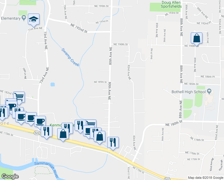 map of restaurants, bars, coffee shops, grocery stores, and more near 18310 80th Avenue Northeast in Kenmore