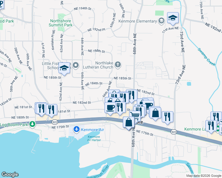 map of restaurants, bars, coffee shops, grocery stores, and more near 18242 66th Avenue Northeast in Kenmore