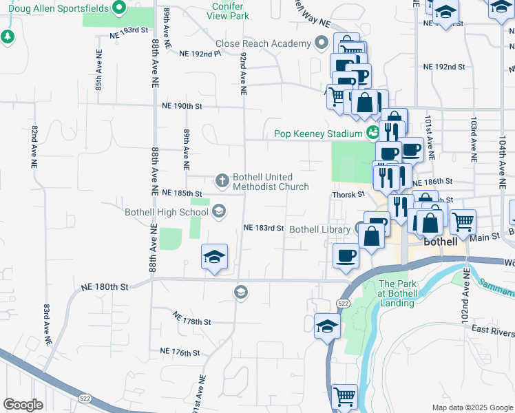 map of restaurants, bars, coffee shops, grocery stores, and more near 9218 Northeast 184th Place in Bothell