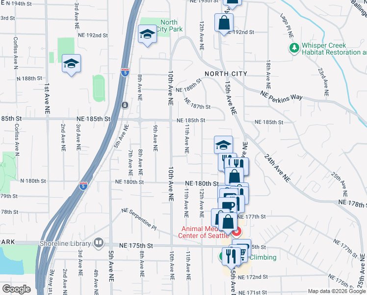 map of restaurants, bars, coffee shops, grocery stores, and more near 18305 11th Avenue Northeast in Shoreline