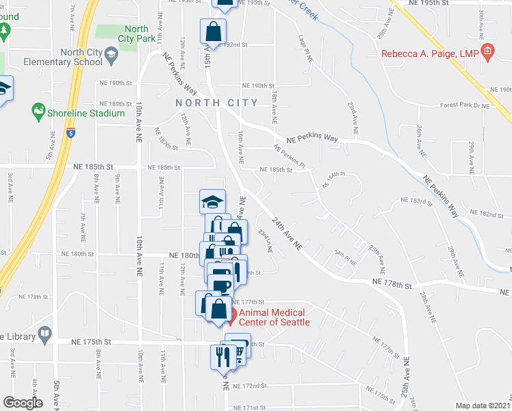 map of restaurants, bars, coffee shops, grocery stores, and more near 18251 24th Avenue Northeast in Shoreline