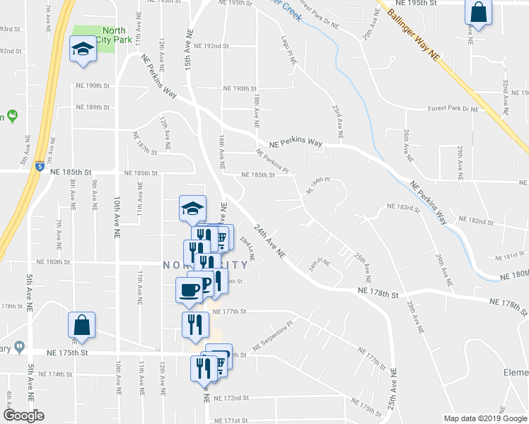 map of restaurants, bars, coffee shops, grocery stores, and more near 18232 24th Avenue Northeast in Shoreline