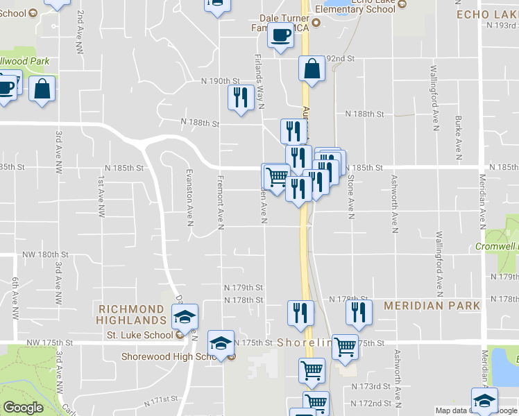 map of restaurants, bars, coffee shops, grocery stores, and more near 18225 Linden Avenue North in Shoreline