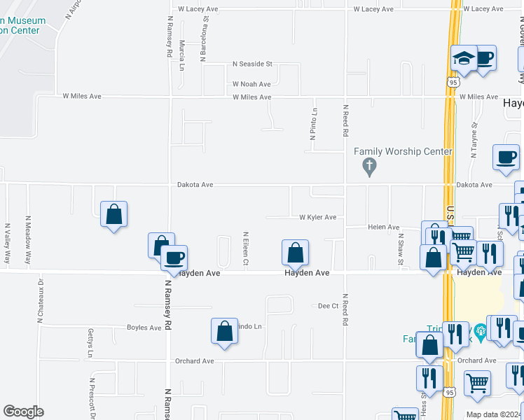 map of restaurants, bars, coffee shops, grocery stores, and more near 1143 West Kyler Avenue in Hayden