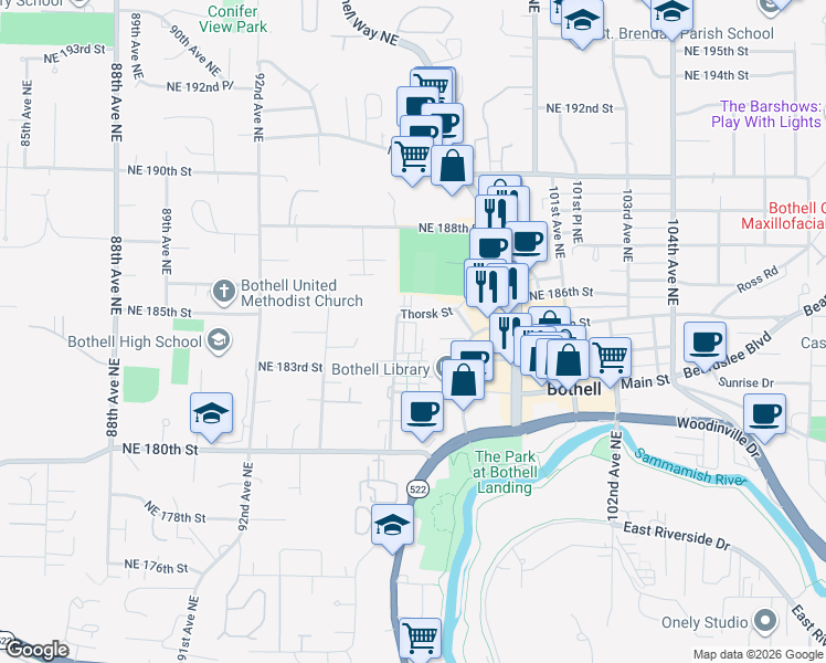map of restaurants, bars, coffee shops, grocery stores, and more near 18323 98th Avenue Northeast in Bothell