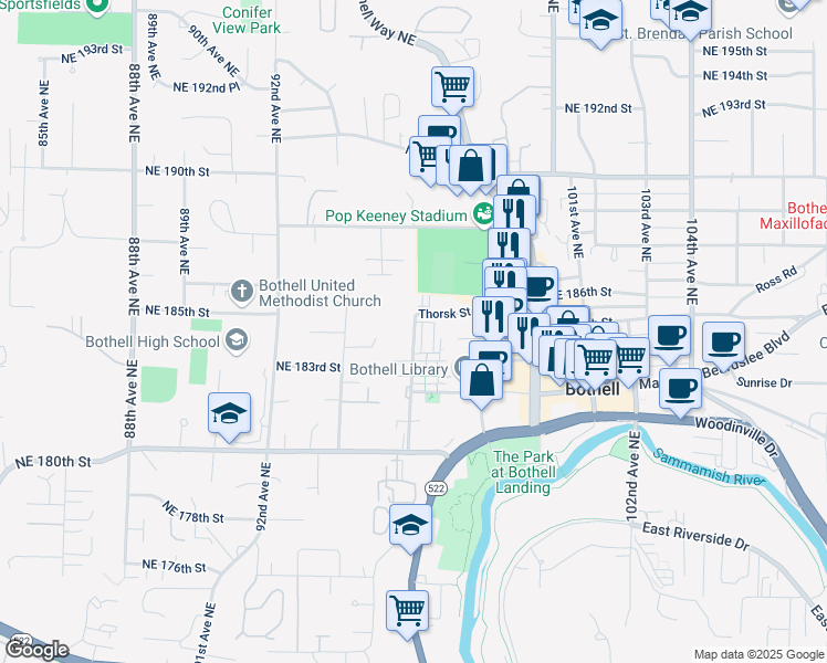 map of restaurants, bars, coffee shops, grocery stores, and more near 18309 96th Avenue Northeast in Bothell