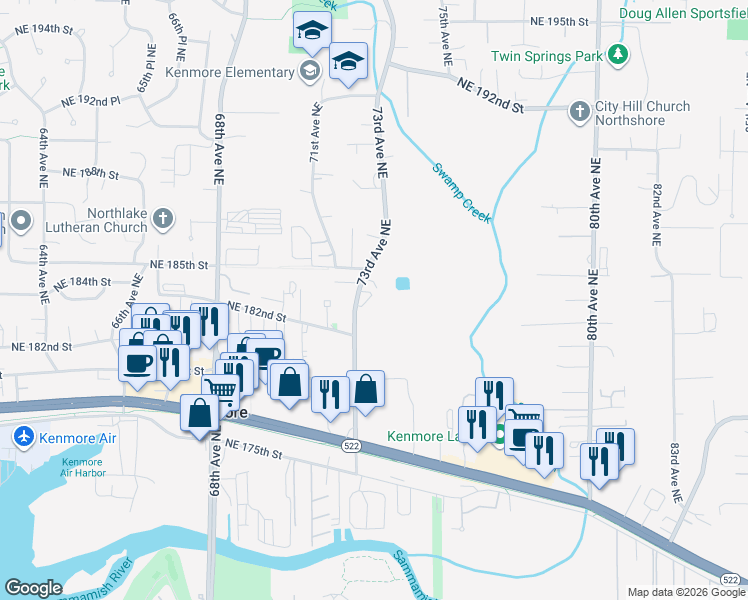 map of restaurants, bars, coffee shops, grocery stores, and more near 18244 73rd Avenue Northeast in Kenmore