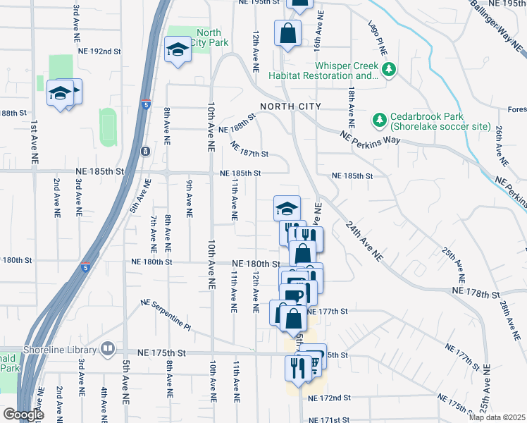 map of restaurants, bars, coffee shops, grocery stores, and more near 18304 12th Avenue Northeast in Shoreline