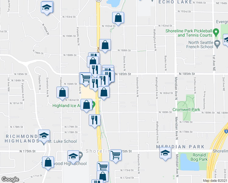map of restaurants, bars, coffee shops, grocery stores, and more near 18302 Stone Avenue North in Shoreline