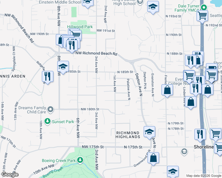 map of restaurants, bars, coffee shops, grocery stores, and more near 115 Northwest 183rd Street in Shoreline