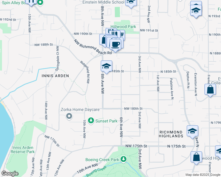 map of restaurants, bars, coffee shops, grocery stores, and more near 635 Northwest 183rd Street in Shoreline