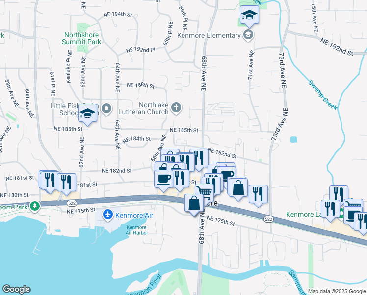 map of restaurants, bars, coffee shops, grocery stores, and more near 6641 Northeast 182nd Street in Kenmore
