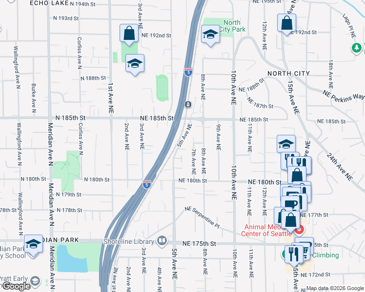 map of restaurants, bars, coffee shops, grocery stores, and more near 514 Northeast 183rd Court in Shoreline