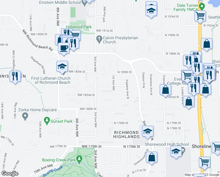 map of restaurants, bars, coffee shops, grocery stores, and more near 115 Northwest 183rd Street in Shoreline