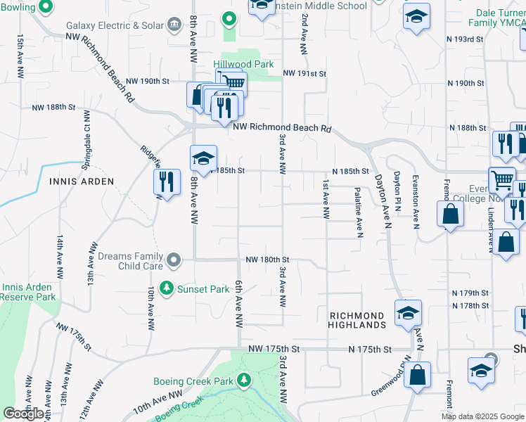 map of restaurants, bars, coffee shops, grocery stores, and more near 327 Northwest 183rd Street in Shoreline