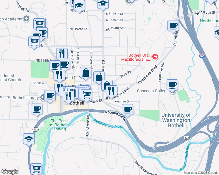 map of restaurants, bars, coffee shops, grocery stores, and more near 18414 104th Avenue Northeast in Bothell
