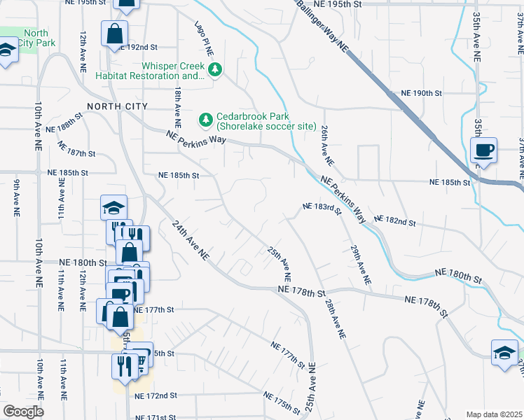 map of restaurants, bars, coffee shops, grocery stores, and more near 2738 Northeast 184th Place in Lake Forest Park