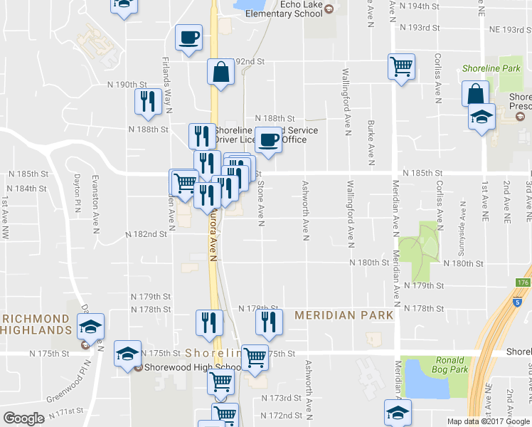 map of restaurants, bars, coffee shops, grocery stores, and more near 18302 Stone Ave N in Shoreline