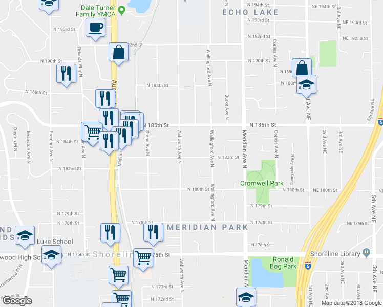 map of restaurants, bars, coffee shops, grocery stores, and more near 1620 North 183rd Street in Shoreline