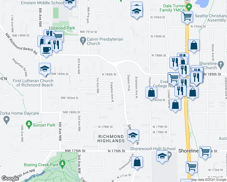 map of restaurants, bars, coffee shops, grocery stores, and more near 18212 Palatine Avenue North in Shoreline