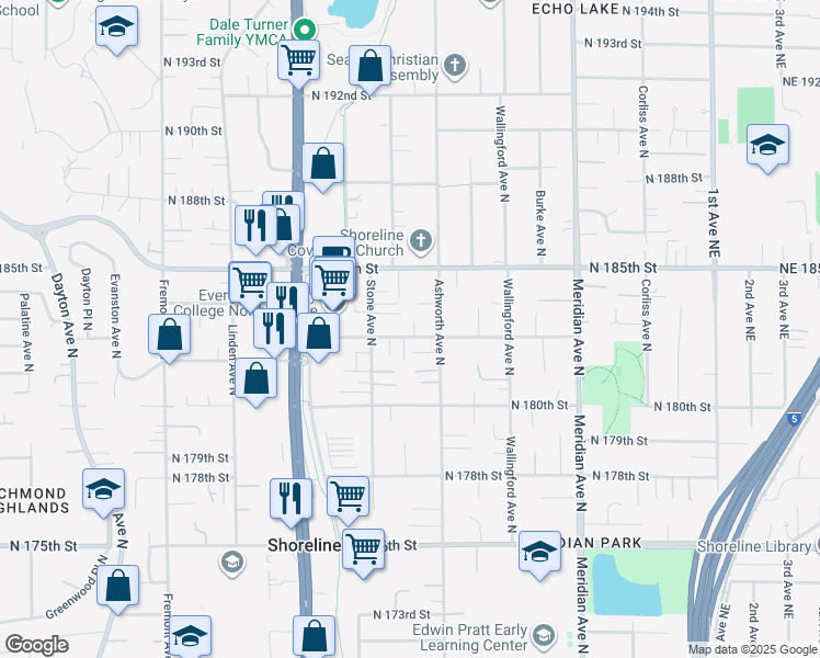 map of restaurants, bars, coffee shops, grocery stores, and more near 1334 North 183rd Street in Shoreline