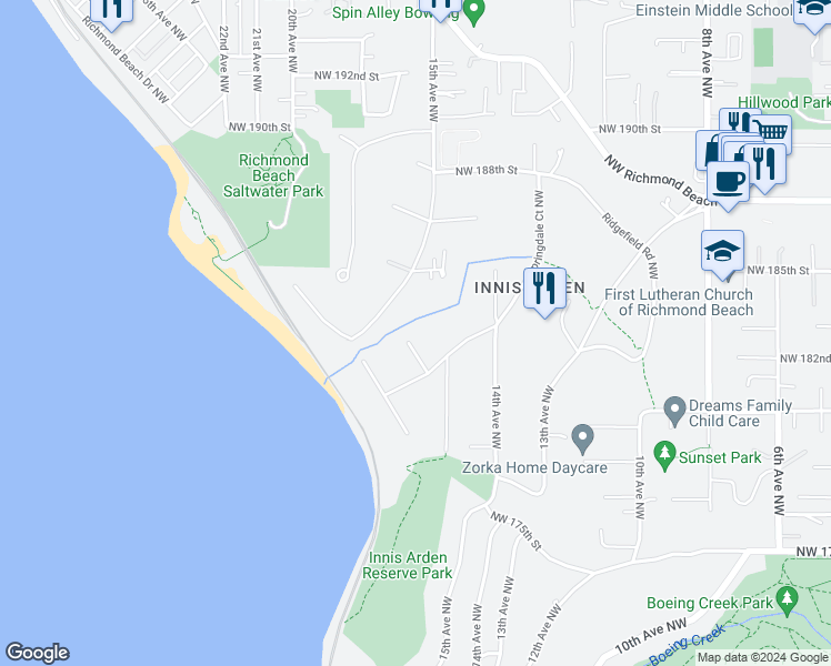 map of restaurants, bars, coffee shops, grocery stores, and more near 18034 15th Avenue Northwest in Shoreline