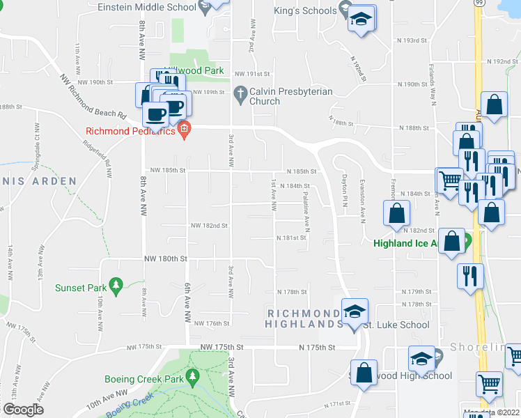 map of restaurants, bars, coffee shops, grocery stores, and more near 115 Northwest 183rd Street in Shoreline