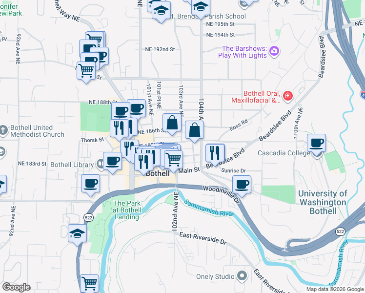 map of restaurants, bars, coffee shops, grocery stores, and more near 18420 102nd Avenue Northeast in Bothell