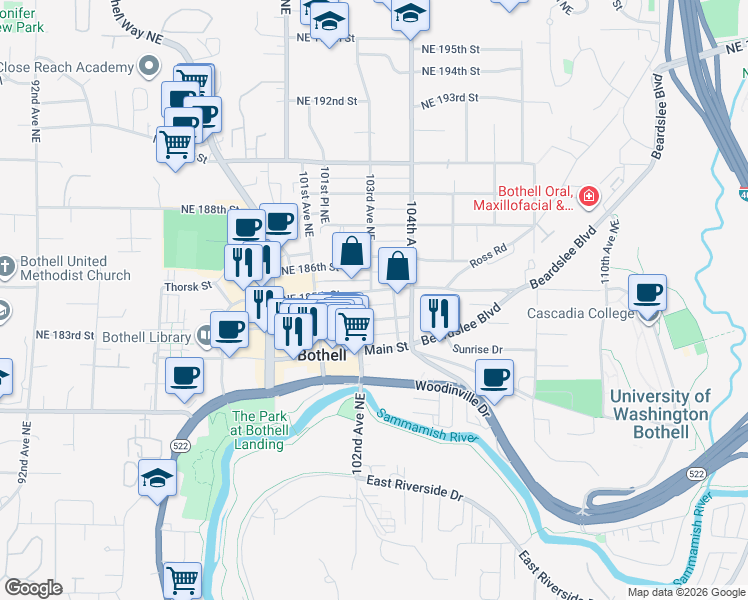 map of restaurants, bars, coffee shops, grocery stores, and more near in Bothell