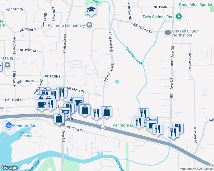 map of restaurants, bars, coffee shops, grocery stores, and more near 18244 73rd Avenue Northeast in Kenmore