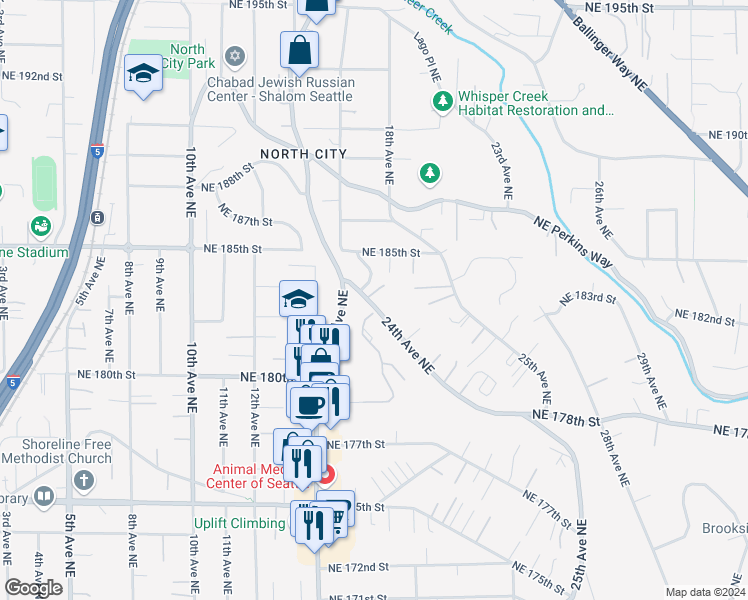 map of restaurants, bars, coffee shops, grocery stores, and more near 18251 24th Avenue Northeast in Shoreline
