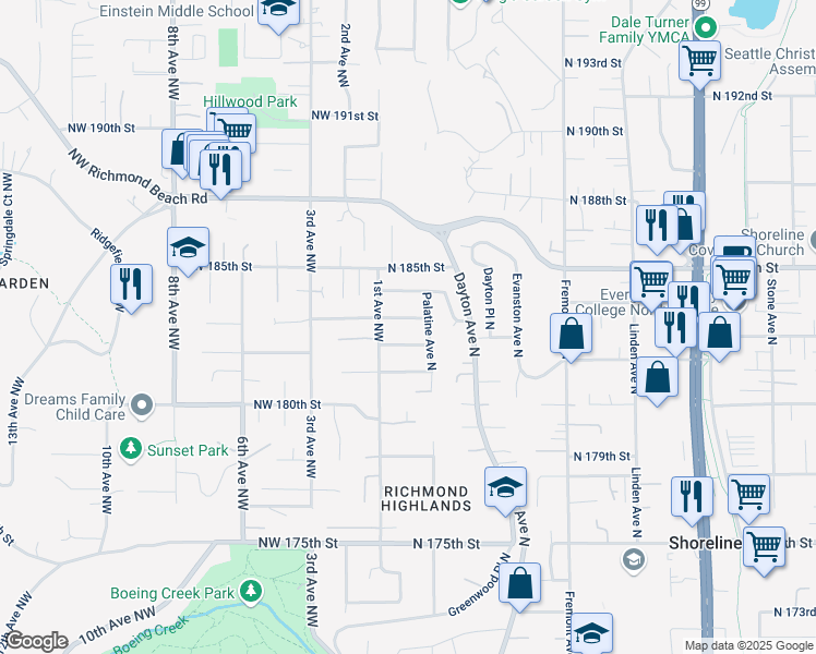 map of restaurants, bars, coffee shops, grocery stores, and more near 110 North 182nd Street in Shoreline