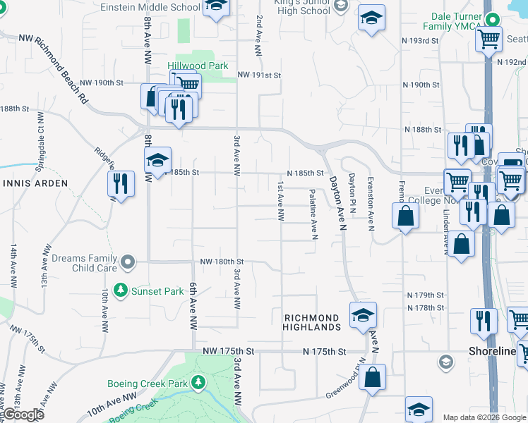 map of restaurants, bars, coffee shops, grocery stores, and more near 115 Northwest 183rd Street in Shoreline
