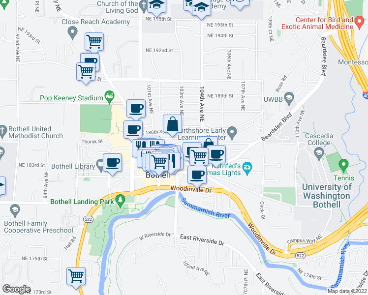 map of restaurants, bars, coffee shops, grocery stores, and more near 10208 Northeast 183rd Street in Bothell