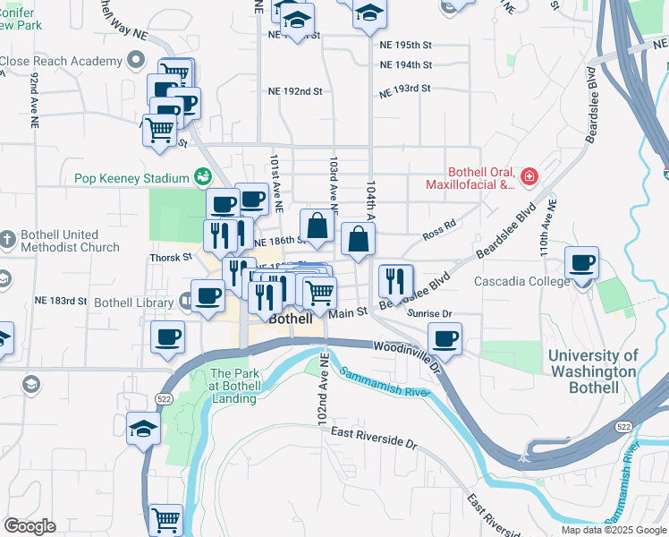 map of restaurants, bars, coffee shops, grocery stores, and more near 10208 Northeast 183rd Street in Bothell