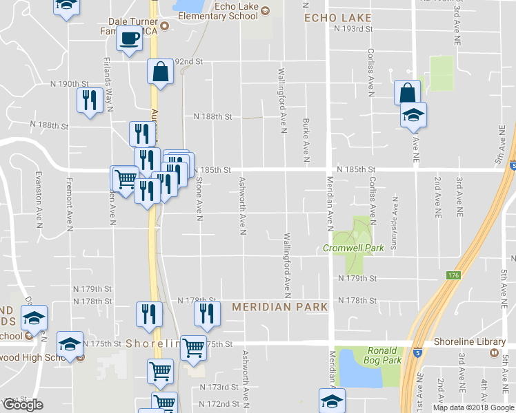 map of restaurants, bars, coffee shops, grocery stores, and more near 1620 North 183rd Street in Shoreline