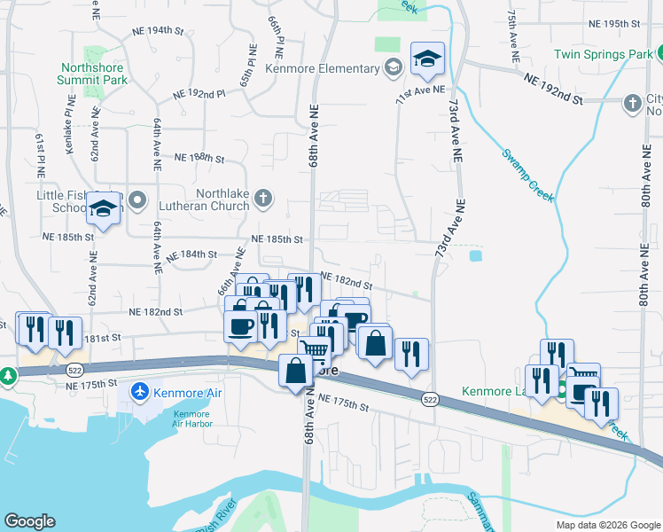 map of restaurants, bars, coffee shops, grocery stores, and more near 6901 Northeast 184th Lane in Kenmore