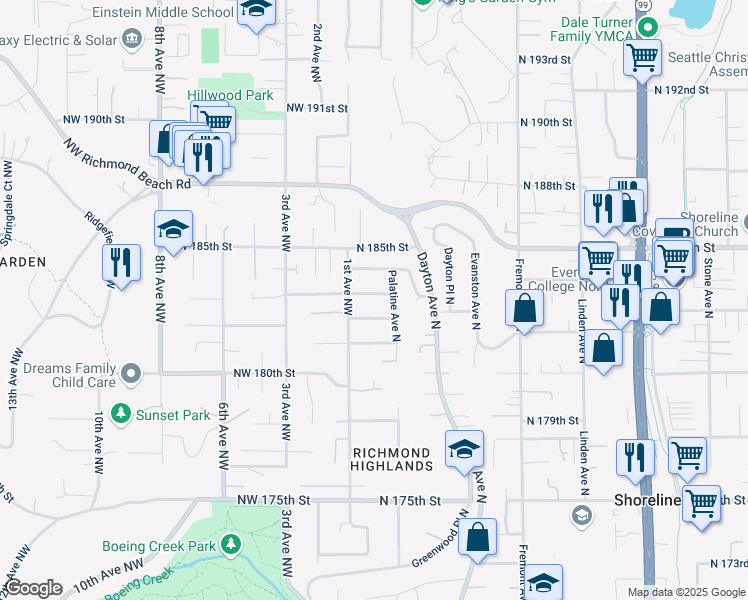 map of restaurants, bars, coffee shops, grocery stores, and more near 110 North 182nd Street in Shoreline