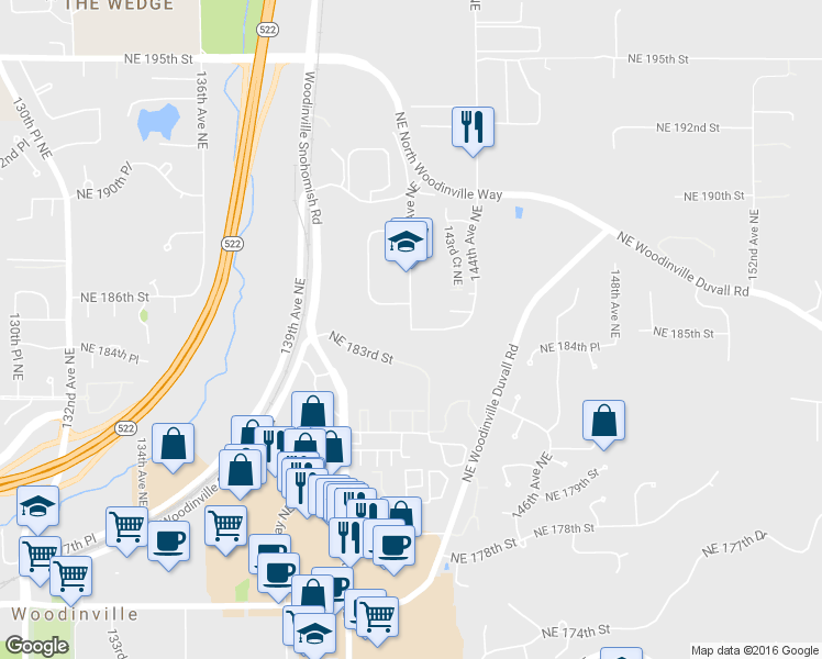 map of restaurants, bars, coffee shops, grocery stores, and more near Northeast 185th Street in Woodinville
