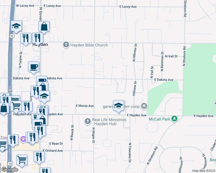 map of restaurants, bars, coffee shops, grocery stores, and more near 762 East Cozy Acres Lane in Hayden