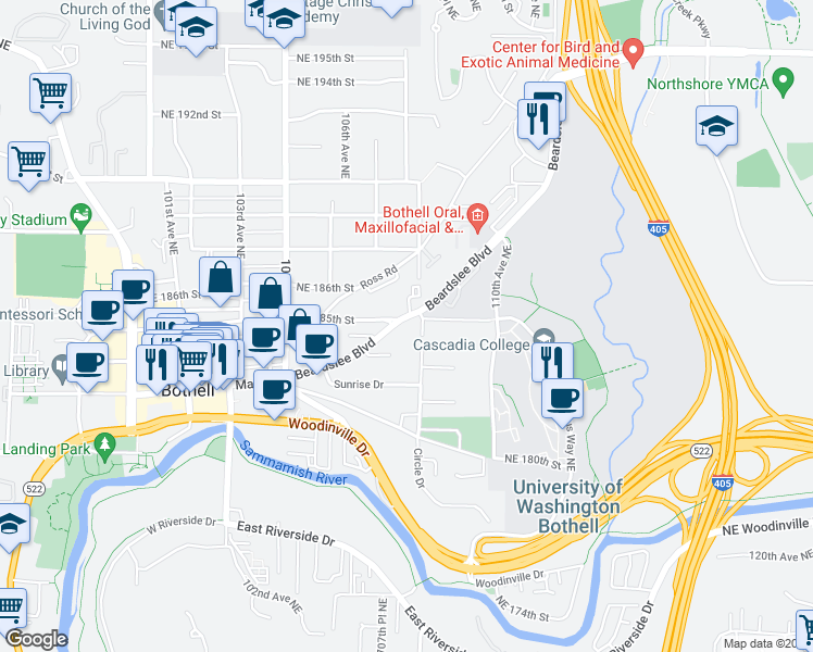 map of restaurants, bars, coffee shops, grocery stores, and more near 10709 Beardslee Boulevard in Bothell