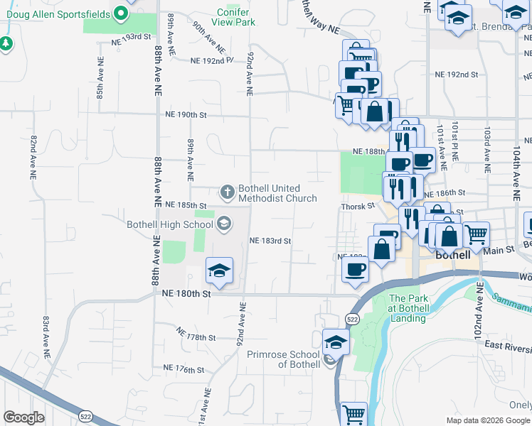 map of restaurants, bars, coffee shops, grocery stores, and more near 9218 Northeast 184th Place in Bothell