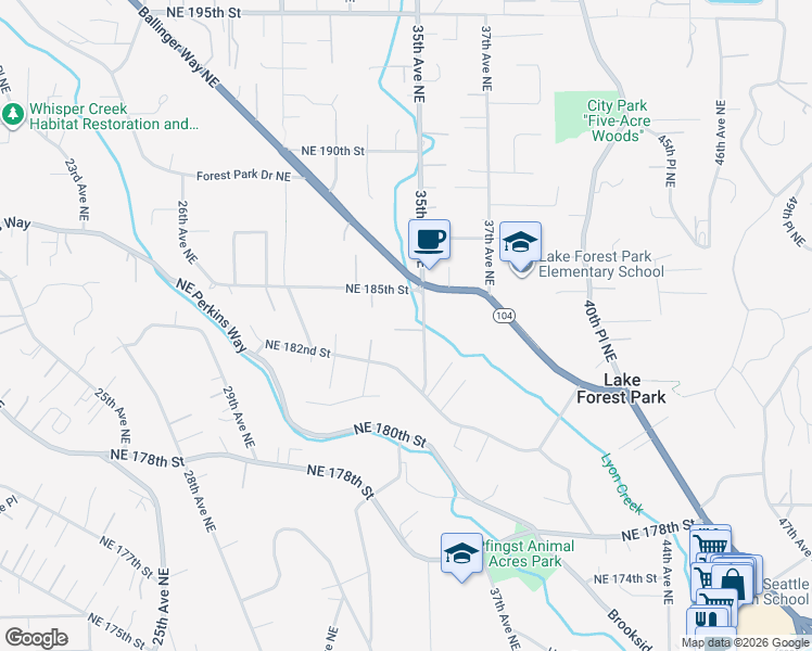 map of restaurants, bars, coffee shops, grocery stores, and more near 18253 35th Avenue Northeast in Lake Forest Park