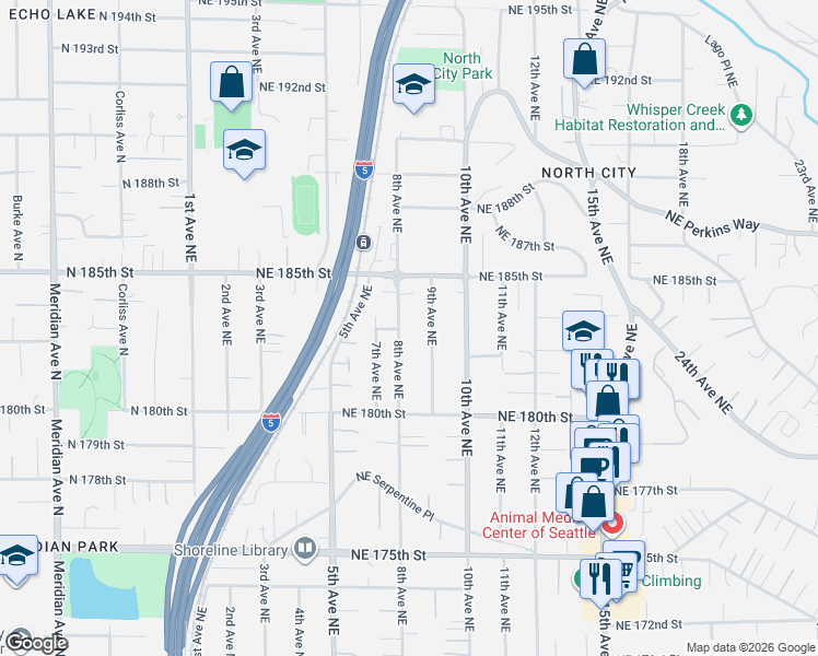 map of restaurants, bars, coffee shops, grocery stores, and more near 18067 9th Avenue Northeast in Shoreline